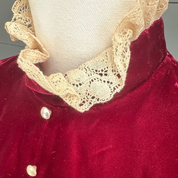 Vintage Red Velvet Like 1960’s Zippered Dress with Cream Lace, Christmas - Picture 3 of 16